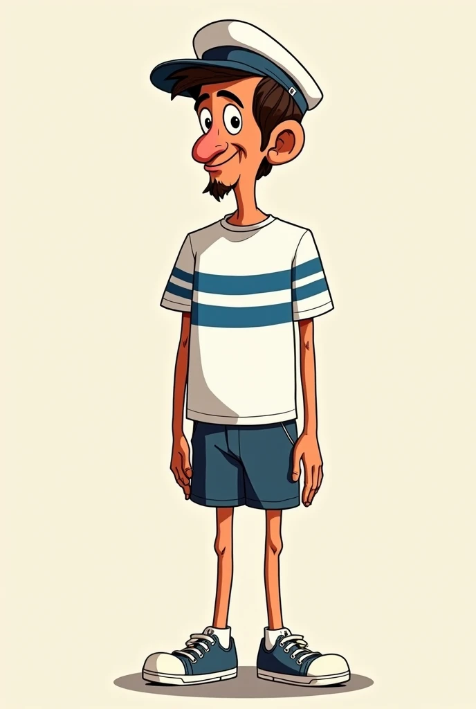  cartoon of Captain Piluso ,  an iconic character on Argentine television from the 70s, played by Alberto Olmedo . He is a moderately tall and skinny man.,  dressed in a white sailor hat ,  a white t-shirt with horizontal blue stripes ,  shorts  (Sailor st...