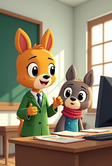  characters from Happy Tree Friends ,  one that is dressed as a teacher and the others in student costumes in a classroom, White walls, wooden months ,  teachers desk with a computer and guides and that the teacher is explaining something 