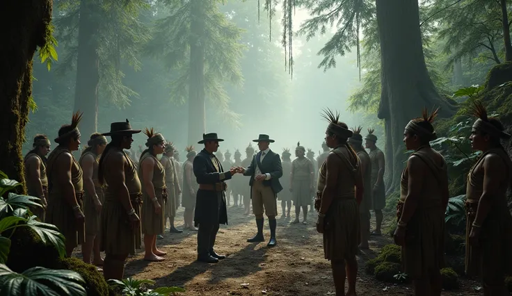 image of English colonists talking to indigenous tribes inside an ultra-realistic forest with fog