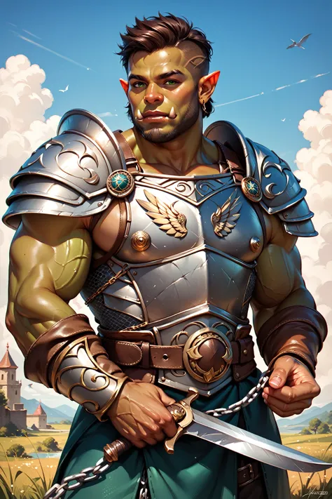 Masterpiece, highest quality, detailed face, detailed eyes, detailed lips, solo character, a tall and muscular Half-Orc male, wearing a dragon themed breastplate over chain mail armor, dark brown hair, green eyes, olive brown skin, wielding a war pick in o...