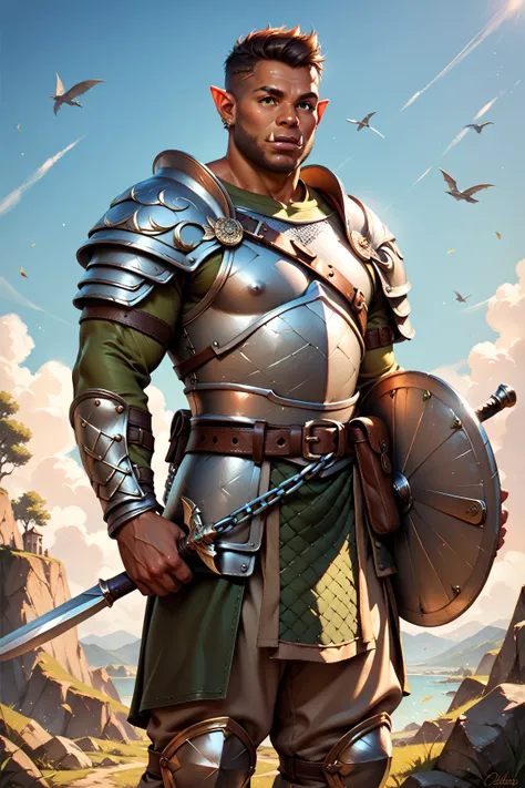 Masterpiece, highest quality, detailed face, detailed eyes, detailed lips, solo character, a tall and muscular Half-Orc male, wearing a dragon themed breastplate over chain mail armor, dark brown hair, green eyes, olive brown skin, wielding a war pick in o...