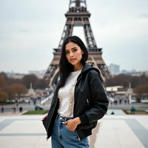  White woman, Caucasian, of this, A 35-year-old girl ,  black hair, slim,  dressed in jeans ,  dressed in a t-shirt with side ruffles, aviator bomber jacket with hood,  posing for the camera,  full body photo ,  in a plaza del Trocadero ,  with the Eiffel ...