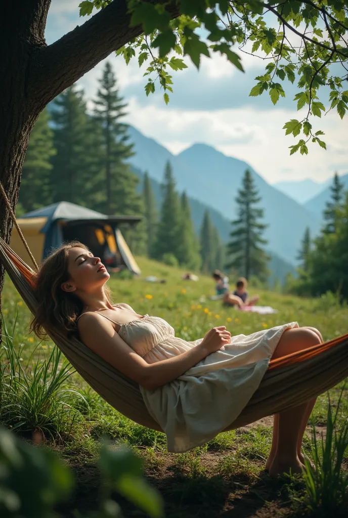 masterpiece, hi-res, girl,sleeping in hammock, nightgown, (travel lady), woods, trees, mounts, tents, picnic, adventure