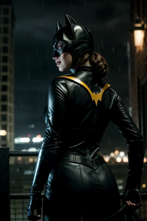 Batgirl with her back looking at the viewer in the background of Gotham at night raining 