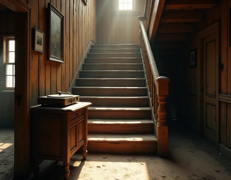 ultra-realistic image of a wooden staircase in a dusty wooden house, the staircase is straight, add a small table with a dusty vinyl player on top, soft sunlight illuminating the left part of the staircase and the vinyl, other rooms in the house in the bac...