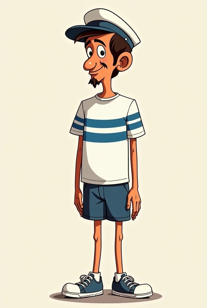  cartoon of Captain Piluso ,  an iconic character on Argentine television from the 70s, played by Alberto Olmedo . He is a moderately tall and skinny man.,  dressed in a white sailor hat ,  a white t-shirt with horizontal blue stripes ,  shorts  (Sailor st...