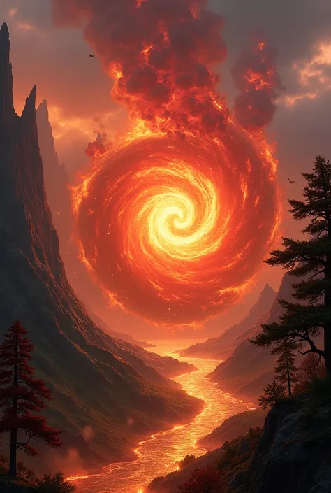  a card from the game Magic the Gathering ,  the card should look like this : Mana I want fire ,  this mana should look awesome with volcano and trees in the background , A CARD FROM THE GAME "MAGIC THE GATHERING"