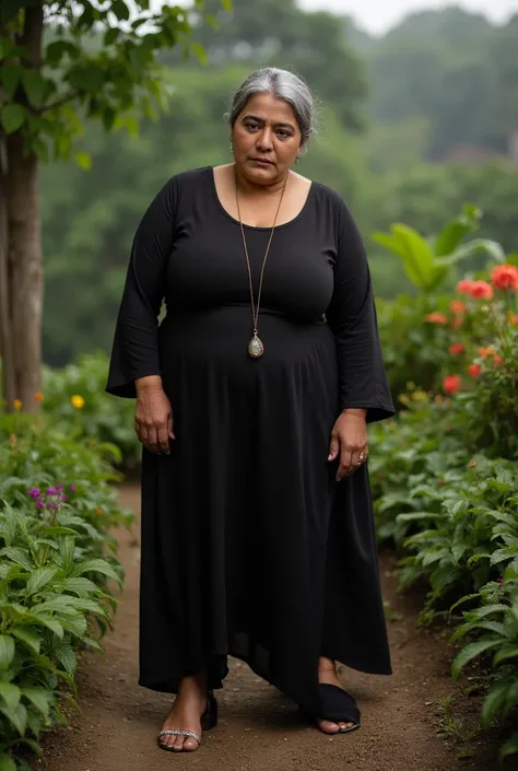 A black ugly chubby old woman from Kerala, wearing a black Muslim dress, with the lower part of the short dress lifted up to show her thighs, legs and heals on her feet, stands in a garden.