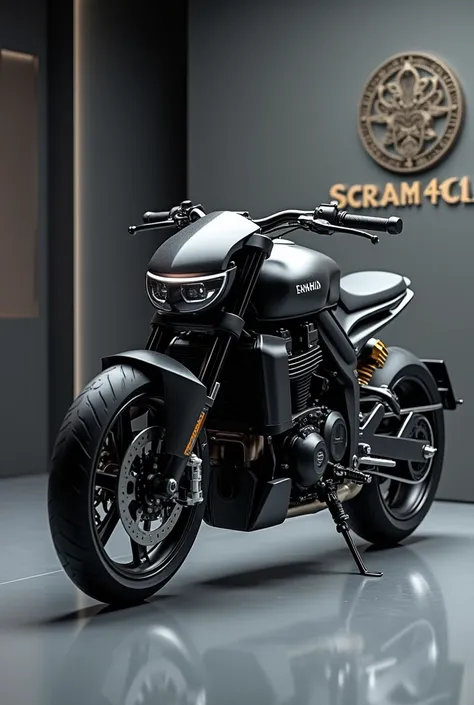 Generate a high-resolution, fully realistic image of a ( Royal Enfield Scram 411 ) in ( black) , with a sleek and modern exterior, futuristic wheels, and a shimmering body color, displayed in a luxurious showroom with a large logo on the back wall. The ima...