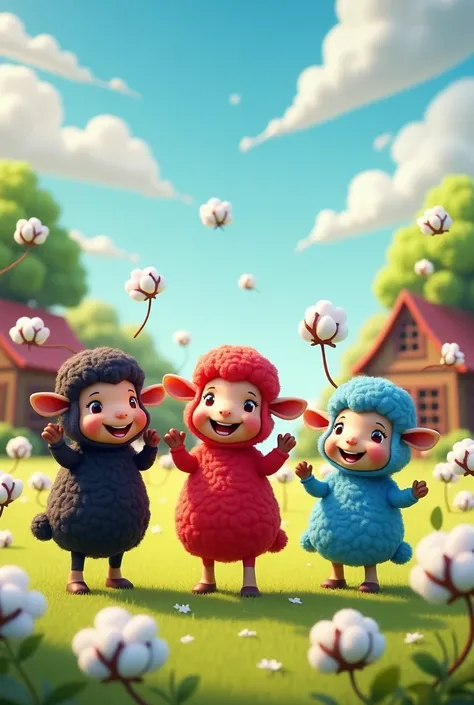 A cartoon theme farm house in which a black sheep  a red sheep,and a blue sheep are standing in a que and different colors   many many  pieces of cotton flying in the Air around them and sheep are dancing with joy.