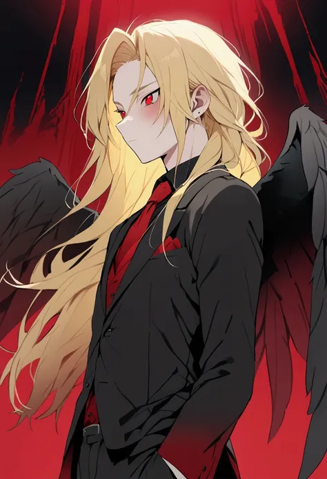 Only 1 man, Very handsome man, golden hair with long hair style, red eyes, wear black suit and black wings, vampire vibes