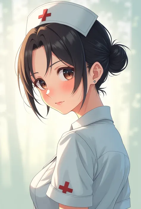 Anime art style , a nurse with a hair bun, sideview and looking this way
