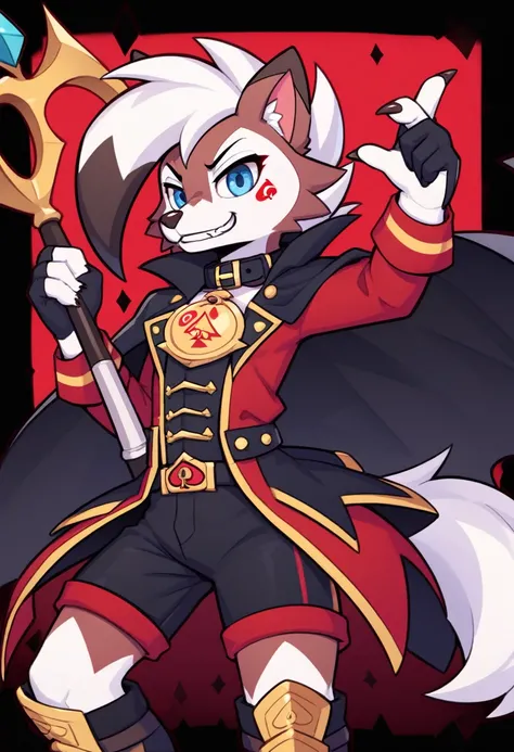 By zinfyu,by twistedscarlet60, by fluff-kevlar, (masterpiece), (best quality), (extremely detailed:1.3), (detailed eye, black circle on eye, blue eye), solo, anthropomorphic pokemon midday lycanroc male, wear black collar, wear black and dark-brown king cl...