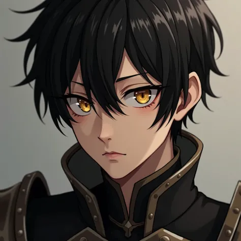 Young male with short black hair and golden eyes，The pupil is the vertical pupil，Young male with short black hair and golden eyes in medieval-style leather armor ，mischievous lol ， asymmetric bangs ，Focus on the face ，face close-up