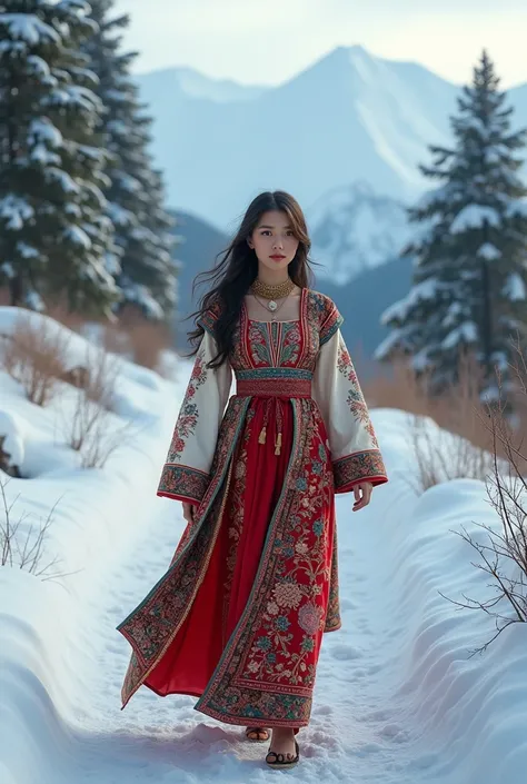 a beautiful girl walks along the path in a festive winter national costume of Uzbekistan photorealistic face image, 8K