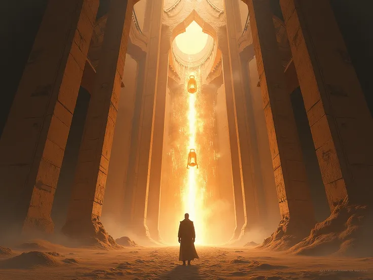 There is a man standing in a large building with an hourglass and desert environment, arte conceptual inspirado en Mark Simonetti,  Artstation,  fantasy art, Mark Simonetti. intricate, style of Mark Simonetti,  Epic cinematic concept art , Stunning concept...