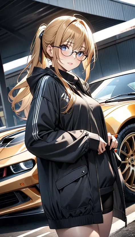  one woman。solo。
 realistic drawing。High image quality。 High Quality 。
Honey Blonde 、 low ponytail。 straight hair。
Rimless glasses。Rectangle Lenses 。
 blue and gray gradation eyes。
 slender。 squinting。Black 1988 Trans Am 。Next to the car。 low angle。Black l...