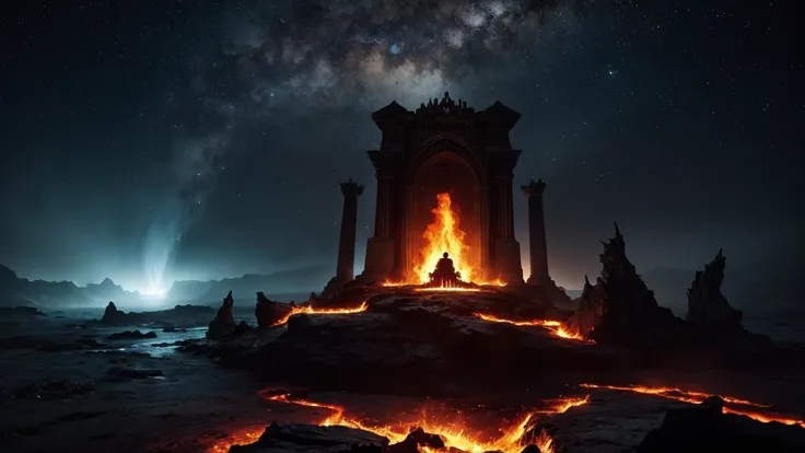 Illustrate the Final Judgment as described in biblical prophecy. Show a vast, celestial courtroom with a glowing throne where a figure representing God sits, while the Book of Life is open. Below, the Lake of Fire looms, a fiery abyss into which Death and ...