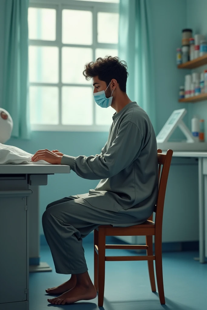 A young man (doctor) sitting on wooden chair in the hospital wearing mask and wearing grey shalwar kameez and checking patients