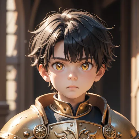  young male with short black hair and golden eyes，The pupil is the vertical pupil，Young male with short black hair and golden eyes in medieval-style leather armor ，mischievous lol ， asymmetric bangs ， upper body，close up