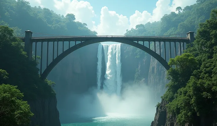 A cinematic image of a large, attractive paradise with a high bridge and a waterfall. The bridge is high and the waterfall is monten. The image is in a 16:9 aspect ratio.