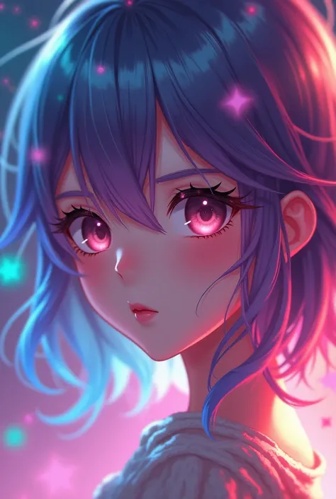 Close-up de uma mulher com cabelo colorful e colar, Anime Girl with Cosmic Hair, The soft vitality of Rossdraw, Gouvez style art,  fantasy art style , colorful], vibrant fantasy style, Vibrant Ross cartoon, cosmic and colorful, guweiz, Colorful digital fan...