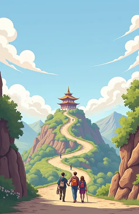 A distant, panoramic view of a winding mountain road surrounded by rugged terrain and lush greenery. The perspective is a wide, side-view shot, showing  side-view illustration of four ren in the far distance as tiny figures climbing the road. One uses a cr...