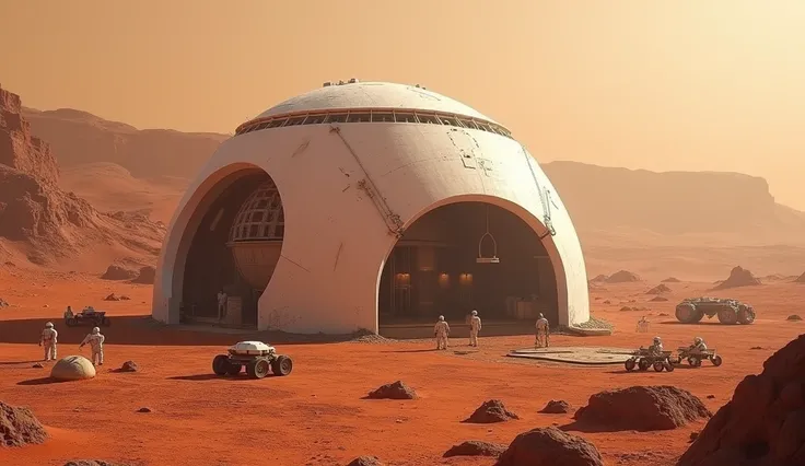 A massive 3D printer on the surface of Mars, constructing a large, dome-shaped habitat for humans. The scene features the red, rocky Martian landscape in the background, with robotic arms of the printer layering the structure using local Martian materials....