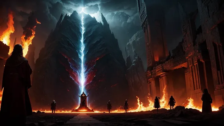 Illustrate the Final Judgment as described in biblical prophecy. Show a vast, celestial courtroom with a glowing throne where a figure representing God sits, while the Book of Life is open. Below, the Lake of Fire looms, a fiery abyss into which Death and ...