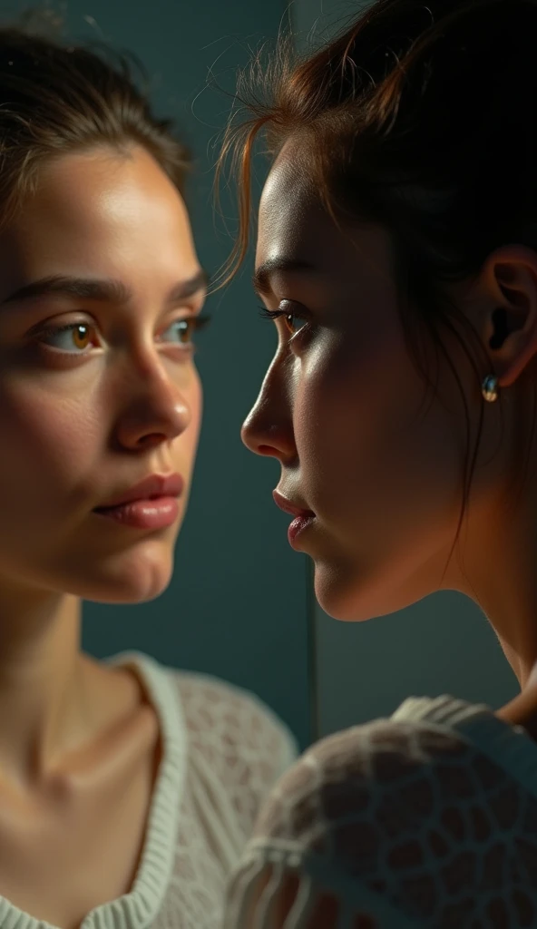 A powerful close-up of a person looking confidently at their reflection in a mirror, their reflection glowing with inner strength and calm, dramatic lighting, ultra-realistic and empowering.