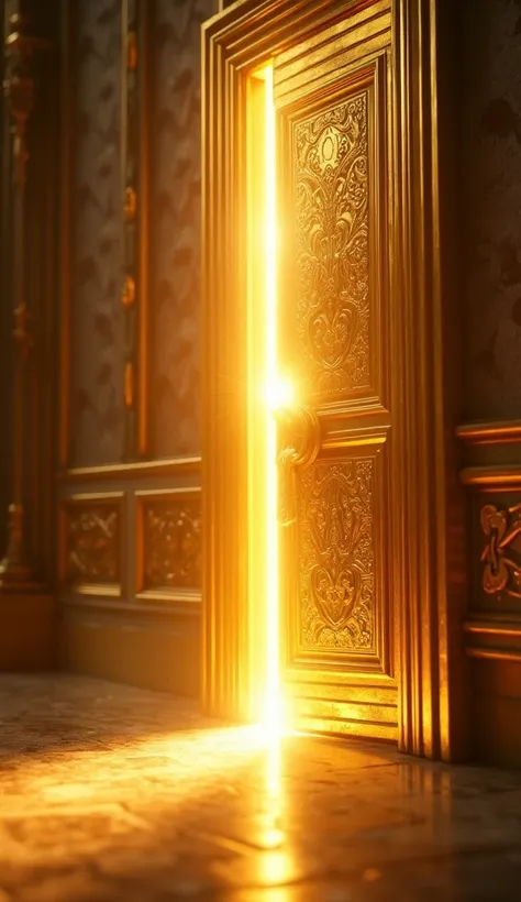 A cinematic and motivational scene, a glowing key unlocking a large golden door, with radiant light streaming out, symbolizing potential and new opportunities, majestic and emotional tones.