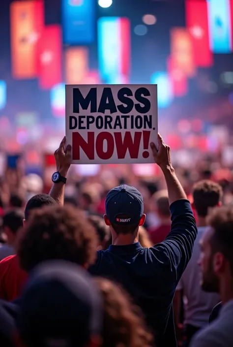 An ultra-realistic quality image of a political rally with a crowd of people holding signs, each sign displaying a bold message such as Mass Deportation Now! but with slight variations in design and colors. The people in the crowd are diverse in age, weari...