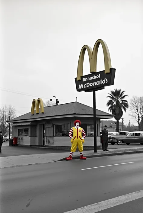 Ronald McDonalds in 1971, next to the first McDonalds fast food chain, opened in the United States, a black and white photo.