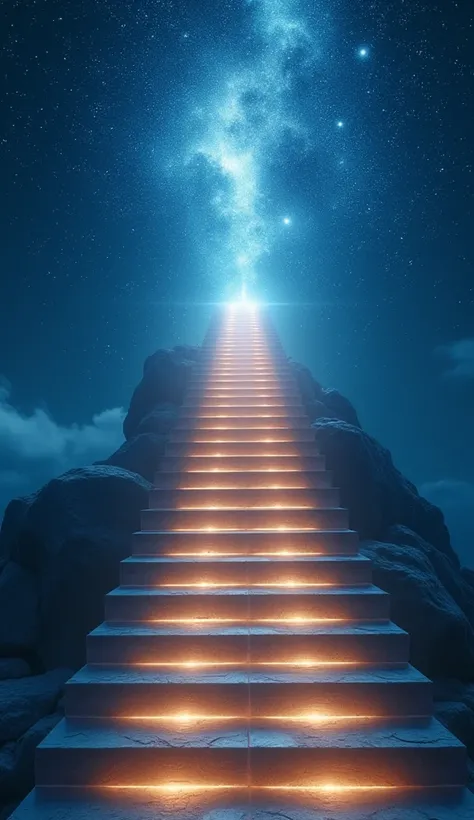 A staircase ascending into a glowing sky filled with stars, each step illuminated as if representing growth and opportunity, powerful and inspirational, cinematic tones.