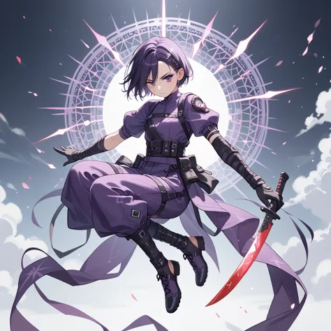 A full-body anime assassin wearing a sleek white and purple outfit with intricate patterns, leaping gracefully through the air. The assassin holds a single knife in a reverse grip, their body twisted in a dynamic pose as they prepare to strike. The backgro...