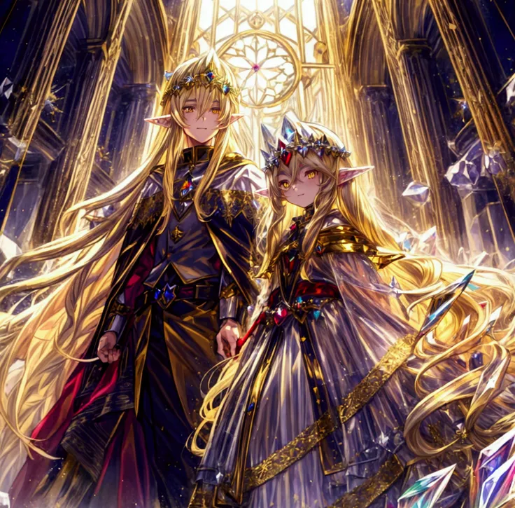 ((A young man)), ((  teenager figure)), (( crystal effect eyes )) ((  long hair )) (( by the ruby)) bright eyes,  little smile  (( golden eyes )) ((husky)) (( yellow eyes)) (( long hair)) ((high)) ((Kings outfit ))((Elf ears)) ((blonde hair))((Dark outfit)...