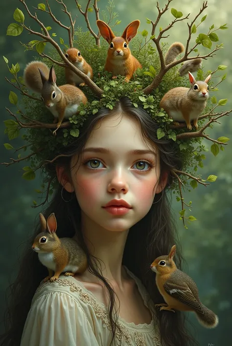 Realistic girl with tree hair and animals 