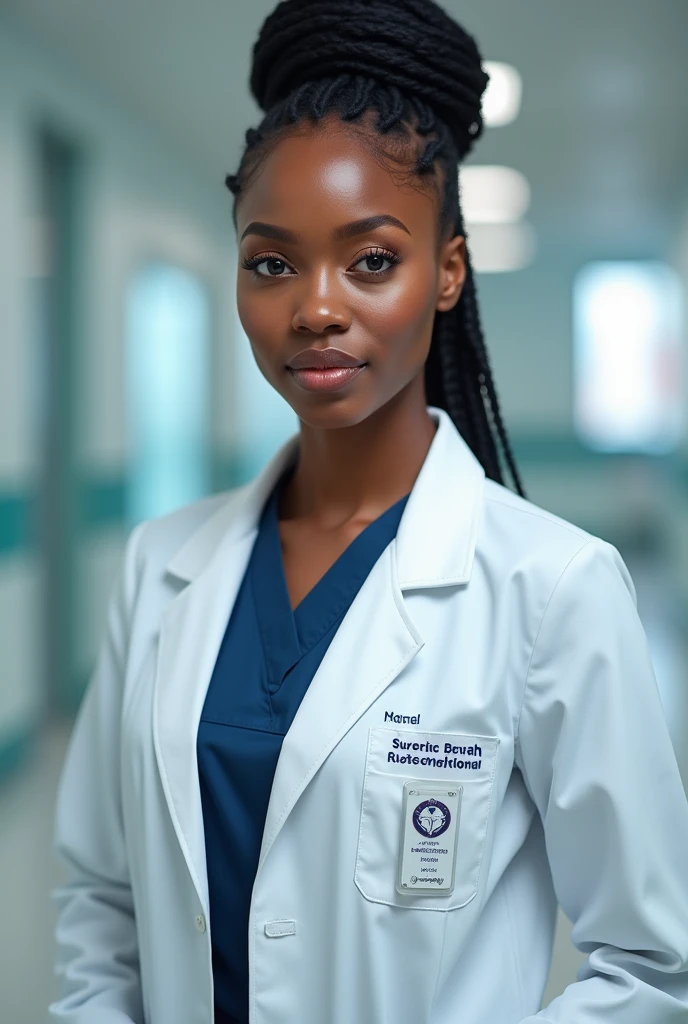 Create an image of a realistic woman , black, beautiful,  dressed as a doctor and looking forward