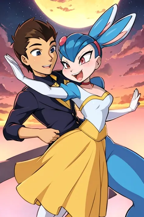 Male human teenager amirhossein ajorloo and female furry teenager sara rabbit together dancing tango alola pokemon sun and moon style 