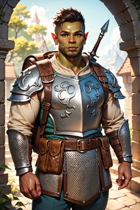 Masterpiece, highest quality, detailed face, detailed eyes, detailed lips, solo character, a Dungeons & Dragons warrior, Half-Orc male, extremely tall, muscular, chainmail armor, dragon scale breastplate, dark brown hair, green eyes, olive brown skin, war ...