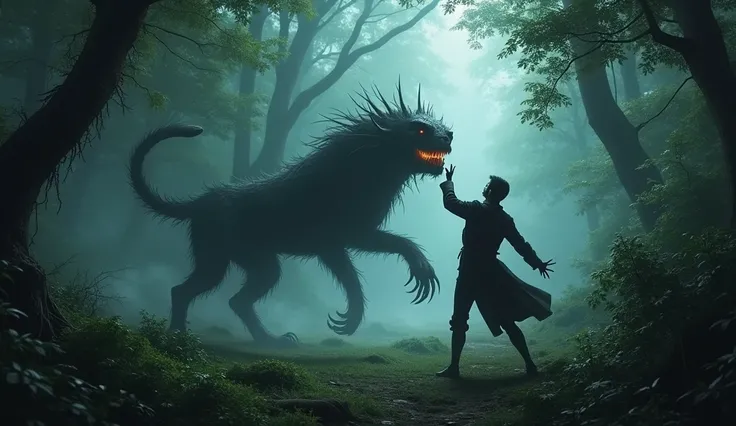  English colonizer being killed by an unidentifiable very dark and macabre creature inside a very green forest, very dark and foggy 