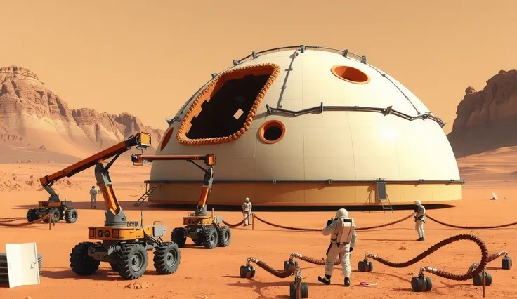 A massive 3D printer on the surface of Mars, constructing a large, dome-shaped habitat for humans. The scene features the red, rocky Martian landscape in the background, with robotic arms of the printer layering the structure using local Martian materials....