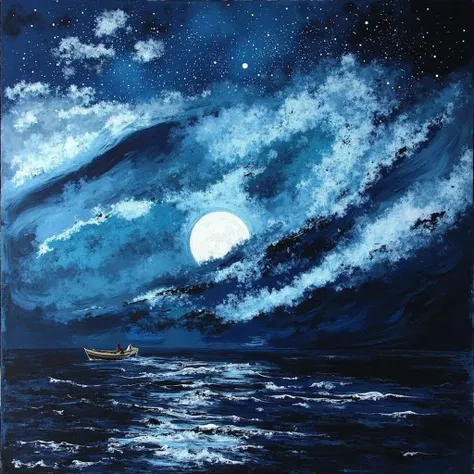 Acrylic paint work The raging sea at night with a fishing boat