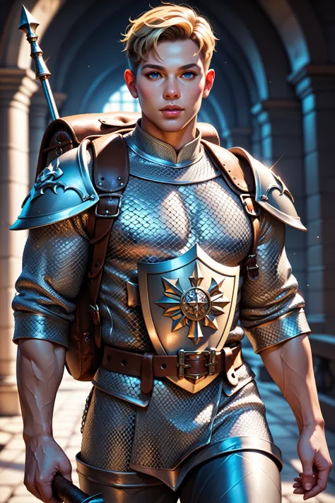 Masterpiece, highest quality, detailed face, detailed eyes, detailed lips, solo character, a Dungeons & Dragons cleric, human male, tall, slender and muscular, chainmail armor, vestments, dark blonde hair, dark blue eyes, light tan skin, mace in right hand...