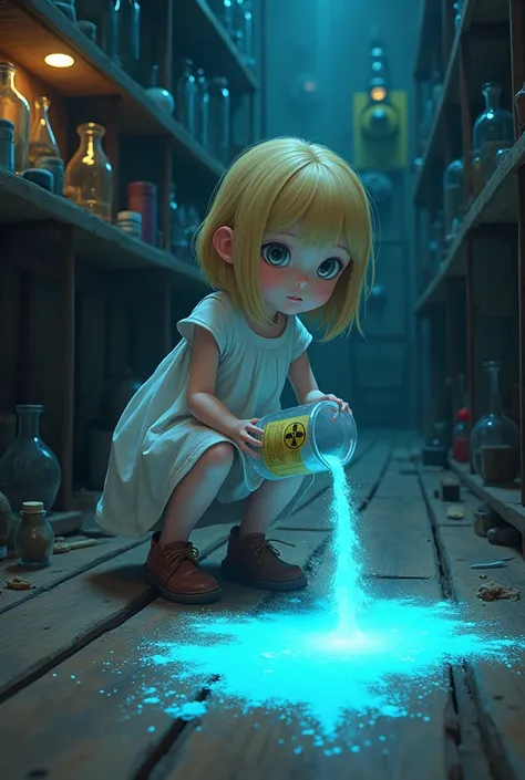  Create an image of Snow Leide , a nine-year-old girl , pouring blue caesium-137 powder on the floor.