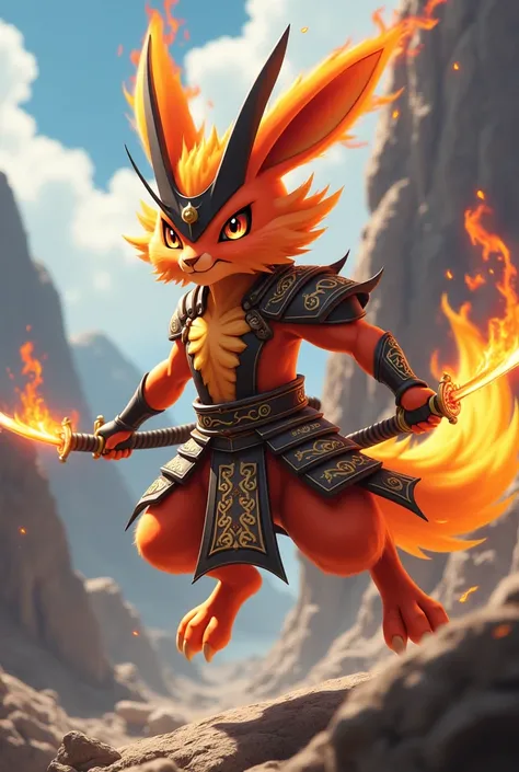 Make a Pokemon that is a fire samurai rabbit with armor