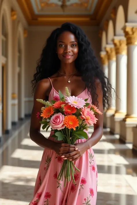 A beautiful African fair lady holding a bunch of colourful beautiful flowers, she stands at the Palace grand hall, the lady is wearing a flowery pink dress that fits her slender body, her hair is long, wavy and black