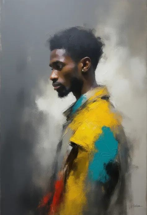 Oil painting, Of a man with a full body, Thoughtful,  soft spots and artistic blur, gray sketch , yellow, Turquesa, red,  masterpiece, Detail,  looking at the spectator , impressionism