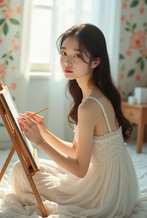  photorealistic depiction of an elegant young woman of East Asian descent sitting on a softly lit white fabric floor. Her pose is relaxed and natural, leaning slightly as she paints on a canvas placed on an easel before her. She has a delicate oval facial ...