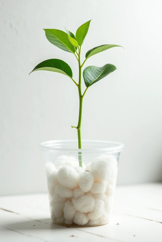 Freshly planted bean plant in a transparent plastic cup with cotton and a white wall in the background